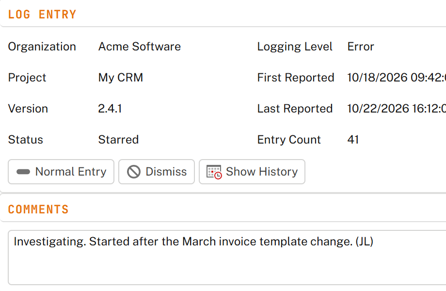 Log entry details with status actions and comments